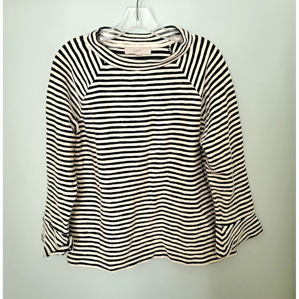 Women LOFT Large Crew Neck Striped Ruffle Long Sleeve Knit Cotton Pullover